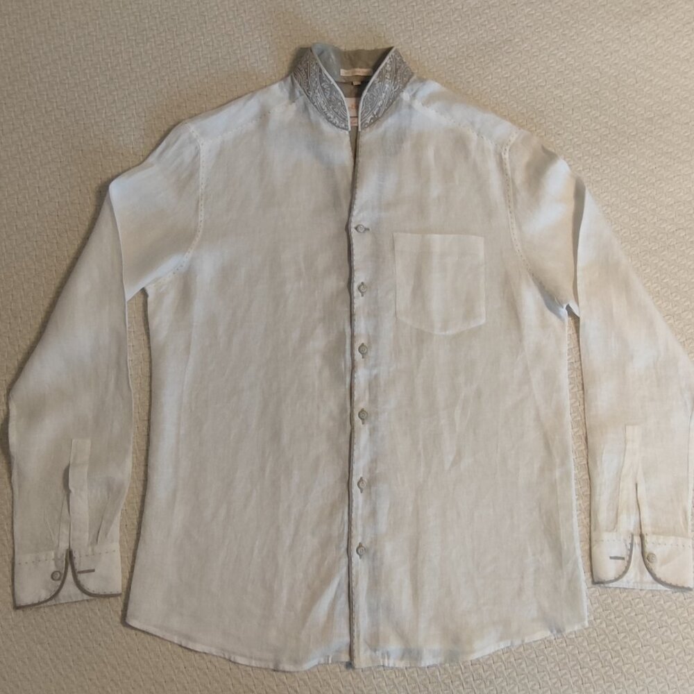 Mebaz Embroidered Linen Button Front Pullover Shirt Women's SZ 42 Long Sleeve